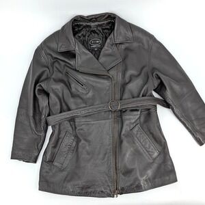 Tannery West Mens Brown Leather Belted Moto Jacket Asymmetrical Zip Quilted L